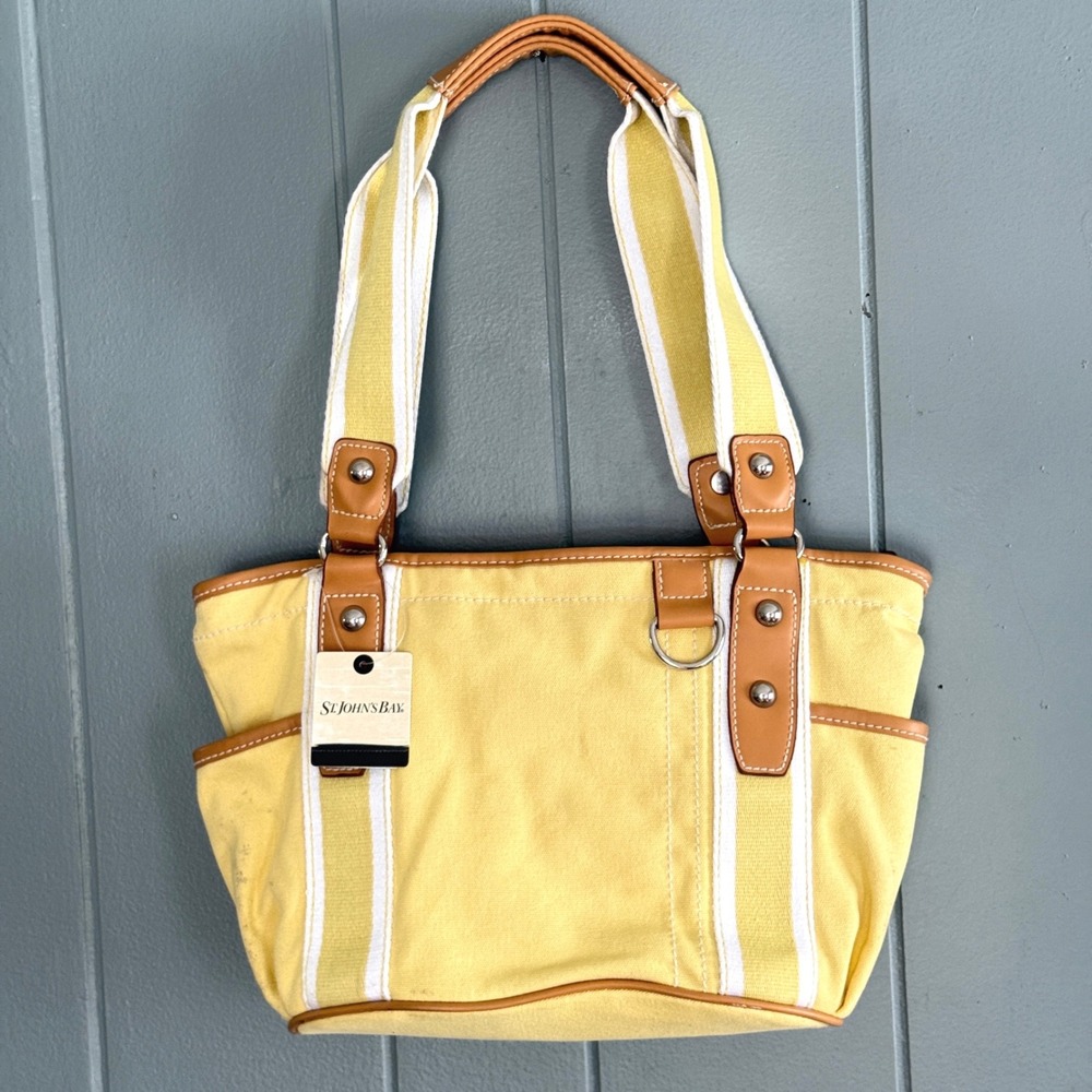 St‎ Johns Bay Sharon Mini Tote NWT Yellow Canvas Striped Coastal Preppy Bag-Flaw